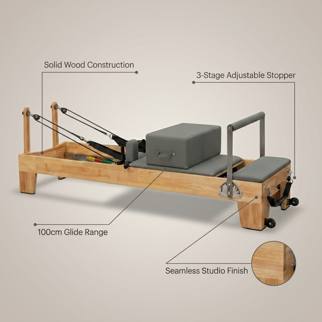 Pilates Reformer Built for Studio Excellence, Solid Wood, 100cm Range, 3-Stage Stopper — infographic